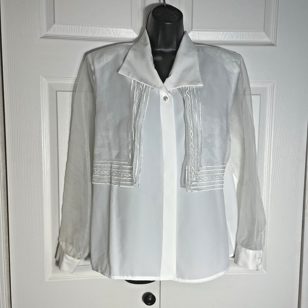 Vintage Jordan Button Up Shirt Women 12 Cream 80s Lace‎ Detail Whimsical Blouse
